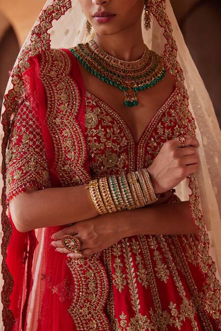 Shop Nitika Gujral Red Silk, Net Crystals, Beads, Embroidery Raw Bridal Lehenga Set Online at Aza Fashions Shop_Nitika Gujral_Red Silk, Net Crystals, Beads, Embroidery Raw Bridal Lehenga Set _Online_at_Aza_Fashions