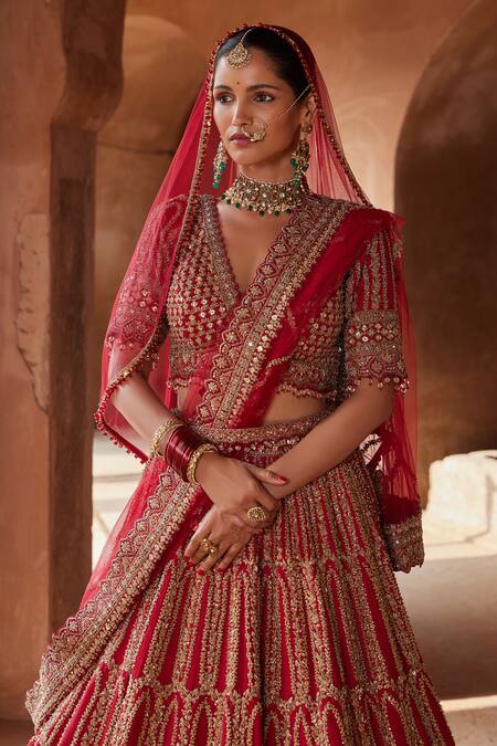 Buy_Nitika Gujral_Red Silk, Net Beads, Embroidery, Cut Work, Raw Zardozi Bridal Lehenga Set _Online_at_Aza_Fashions