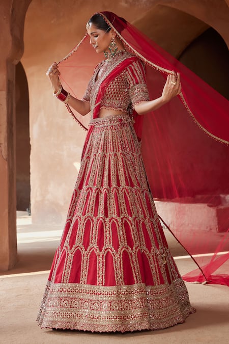 Shop_Nitika Gujral_Red Silk, Net Beads, Embroidery, Cut Work, Raw Zardozi Bridal Lehenga Set _Online_at_Aza_Fashions