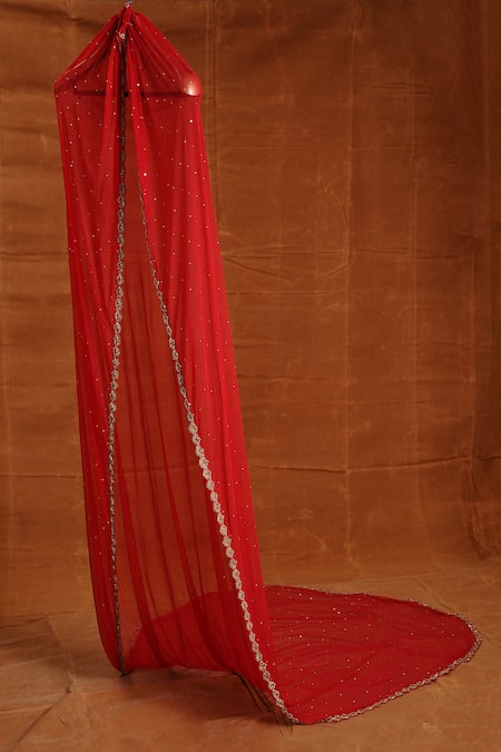 Nitika Gujral_Red Silk, Net Crystals, Sequins, Beads Raw Dabka Embroidered Bridal Lehenga Set _Online_at_Aza_Fashions