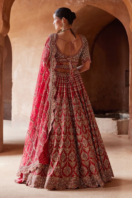 Shop Nitika Gujral Red Silk, Net Crystals, Embroidery, Cut Work, Zari, Raw Bridal Lehenga Set at Aza Fashions Shop_Nitika Gujral_Red Silk, Net Crystals, Embroidery, Cut Work, Zari, Raw Bridal Lehenga Set _at_Aza_Fashions
