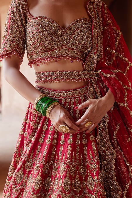 Nitika Gujral Red Silk, Net Crystals, Embroidery, Cut Work, Zari, Raw Bridal Lehenga Set Online at Aza Fashions Nitika Gujral_Red Silk, Net Crystals, Embroidery, Cut Work, Zari, Raw Bridal Lehenga Set _Online_at_Aza_Fashions
