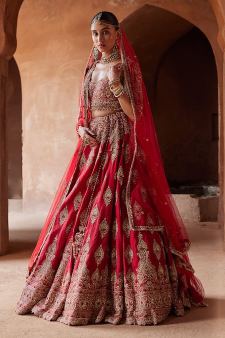 Nitika Gujral_Red Silk, Net Crystals, Sequins, Beads, Raw Embroidered Bridal Lehenga Set _Online_at_Aza_Fashions