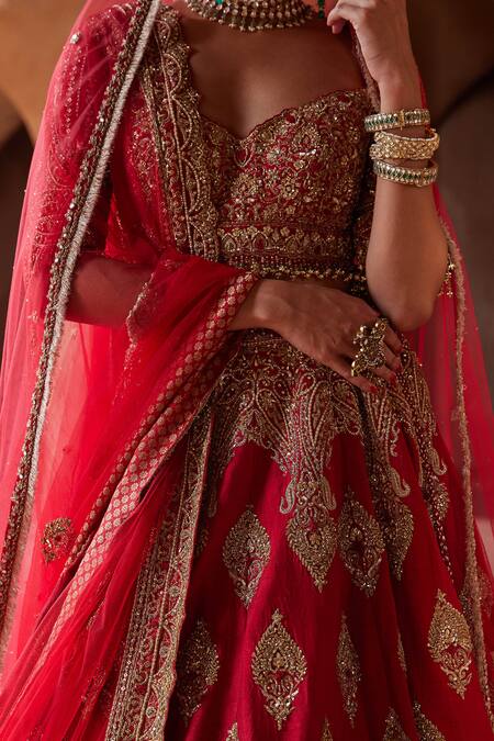 Buy_Nitika Gujral_Red Silk, Net Crystals, Sequins, Beads, Raw Embroidered Bridal Lehenga Set _Online_at_Aza_Fashions