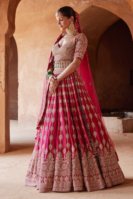 Nitika Gujral Red Silk, Net Beads, Crystals Sweetheart Raw Embroidered Bridal Lehenga Set Online at Aza Fashions Nitika Gujral_Red Silk, Net Beads, Crystals Sweetheart Raw Embroidered Bridal Lehenga Set _Online_at_Aza_Fashions