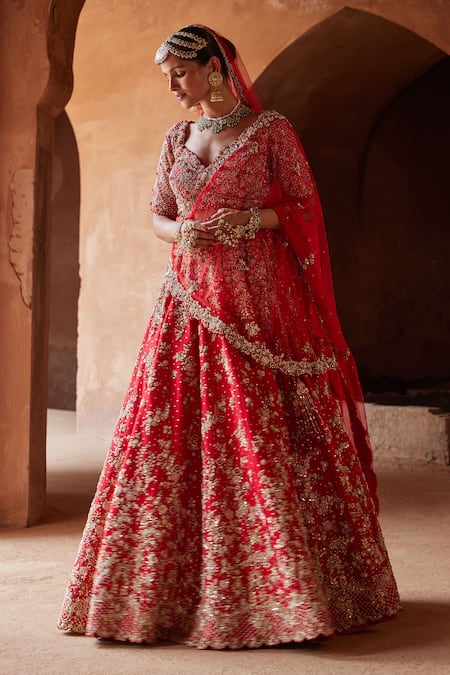 Buy Nitika Gujral Red Silk, Net Sequins, Beads Floral Jaal Dabka Embroidered Bridal Lehenga Set Online at Aza Fashions Buy_Nitika Gujral_Red Silk, Net Sequins, Beads Floral Jaal Dabka Embroidered Bridal Lehenga Set _Online_at_Aza_Fashions