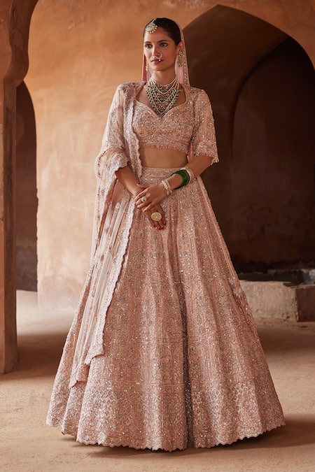 Nitika Gujral Pink Raw Silk Embellished Applique Leaf Neck Floral Bridal Lehenga Set 