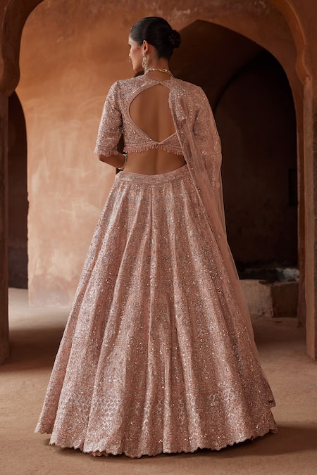 Shop_Nitika Gujral_Pink Silk, Net Beads, Sequins Floral Applique Embellished Bridal Lehenga Set _at_Aza_Fashions