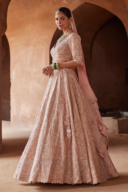 Buy_Nitika Gujral_Pink Silk, Net Beads, Sequins Floral Applique Embellished Bridal Lehenga Set _Online_at_Aza_Fashions
