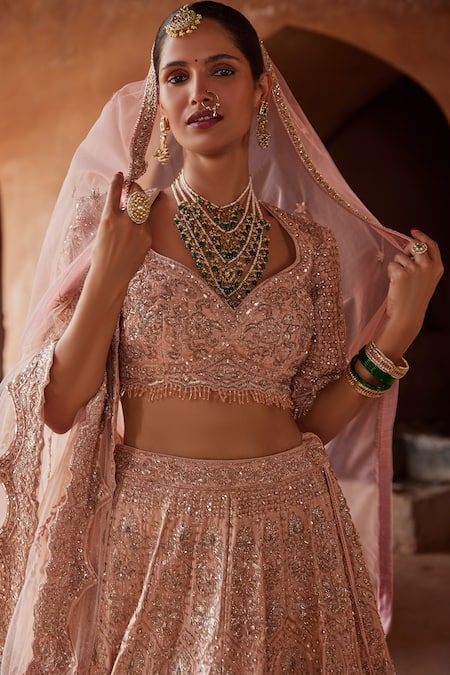 Shop_Nitika Gujral_Pink Silk, Net Beads, Sequins Floral Applique Embellished Bridal Lehenga Set _Online_at_Aza_Fashions