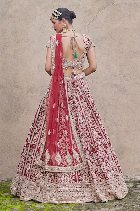 Shop Nitika Gujral Maroon Velvet, Net Beads, Sequins, Zari Zardozi Embroidered Bridal Lehenga Set at Aza Fashions Shop_Nitika Gujral_Maroon Velvet, Net Beads, Sequins, Zari Zardozi Embroidered Bridal Lehenga Set _at_Aza_Fashions
