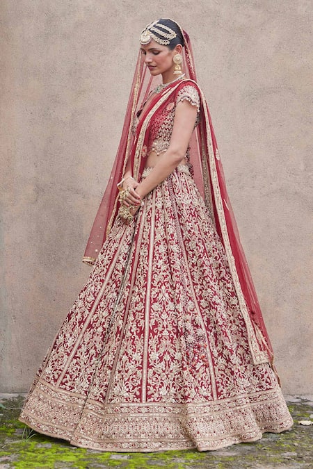 Buy Nitika Gujral Maroon Velvet, Net Beads, Sequins, Zari Zardozi Embroidered Bridal Lehenga Set Online at Aza Fashions Buy_Nitika Gujral_Maroon Velvet, Net Beads, Sequins, Zari Zardozi Embroidered Bridal Lehenga Set _Online_at_Aza_Fashions