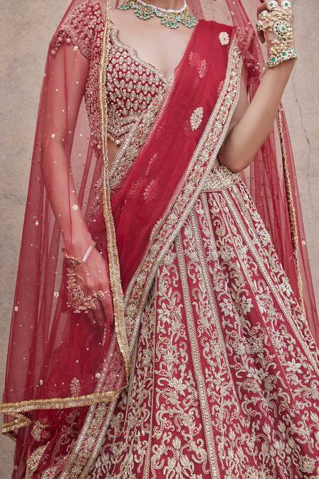 Shop Nitika Gujral Maroon Velvet, Net Beads, Sequins, Zari Zardozi Embroidered Bridal Lehenga Set Online at Aza Fashions Shop_Nitika Gujral_Maroon Velvet, Net Beads, Sequins, Zari Zardozi Embroidered Bridal Lehenga Set _Online_at_Aza_Fashions