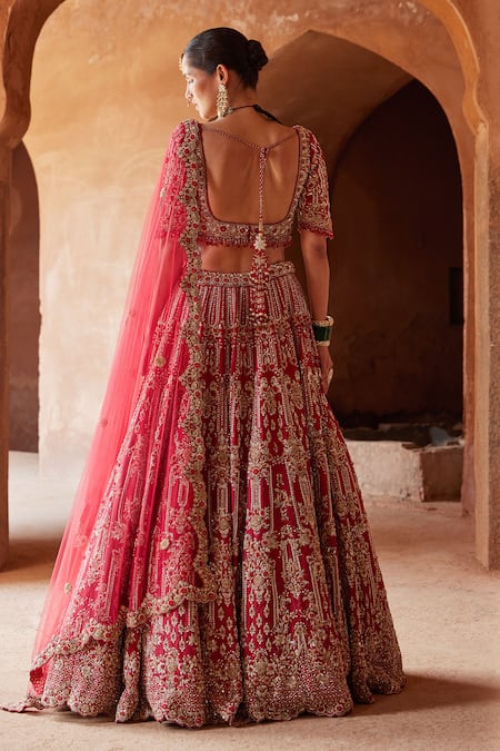 Shop Nitika Gujral Red Silk, Net Sequins, Beads Vintage Dabka Embroidered Bridal Lehenga Set at Aza Fashions Shop_Nitika Gujral_Red Silk, Net Sequins, Beads Vintage Dabka Embroidered Bridal Lehenga Set _at_Aza_Fashions