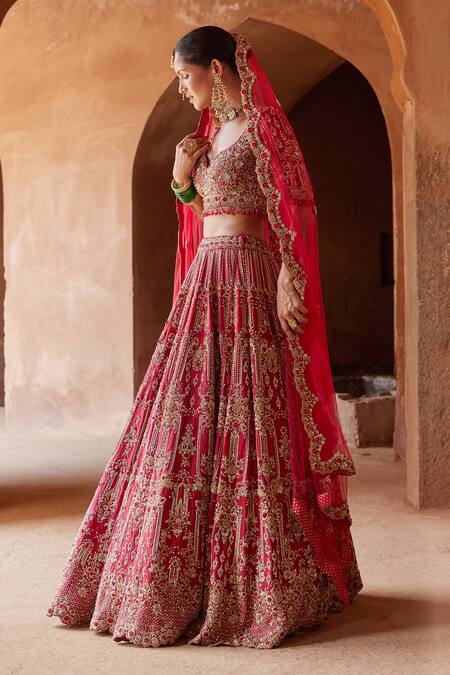 Nitika Gujral Red Silk, Net Sequins, Beads Vintage Dabka Embroidered Bridal Lehenga Set Online at Aza Fashions Nitika Gujral_Red Silk, Net Sequins, Beads Vintage Dabka Embroidered Bridal Lehenga Set _Online_at_Aza_Fashions