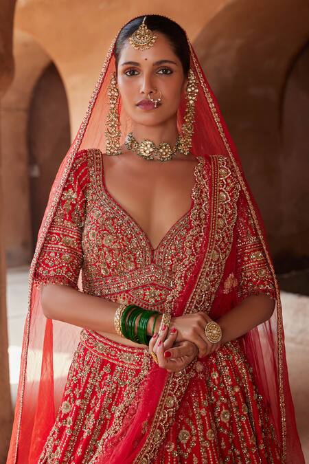 Shop_Nitika Gujral_Red Silk, Net Sequins, Beads, Zari Vintage Embroidered Bridal Lehenga Set _Online_at_Aza_Fashions