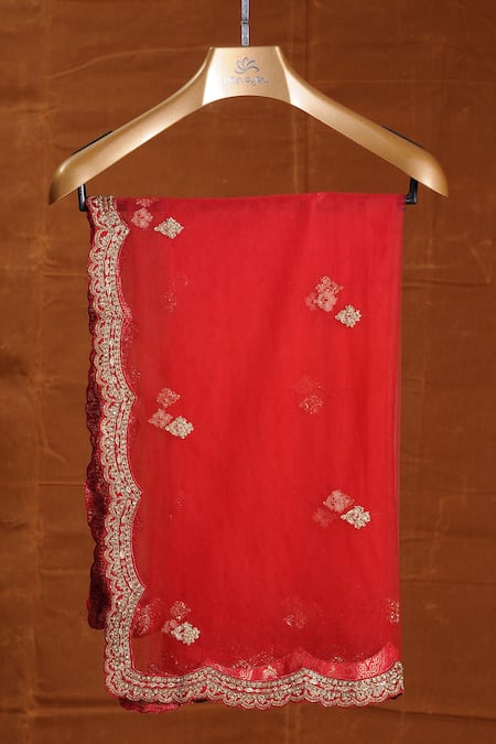 Nitika Gujral_Red Silk, Net Beads, Sequins, Dabka Embroidered Ombre Bridal Lehenga Set _Online_at_Aza_Fashions