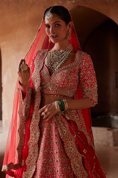 Shop_Nitika Gujral_Red Silk, Net Beads, Sequins, Dabka Embroidered Ombre Bridal Lehenga Set _Online_at_Aza_Fashions