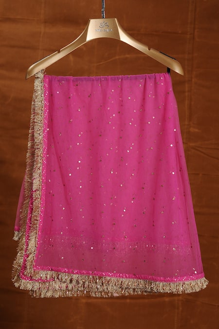 Nitika Gujral_Pink Silk, Net Beads, Sequins Bandeau Ombre Dabka Embroidered Bridal Lehenga Set _Online_at_Aza_Fashions