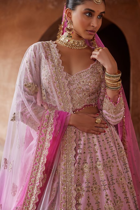 Buy_Nitika Gujral_Pink Silk, Net Beads, Sequins Bandeau Ombre Dabka Embroidered Bridal Lehenga Set _Online_at_Aza_Fashions