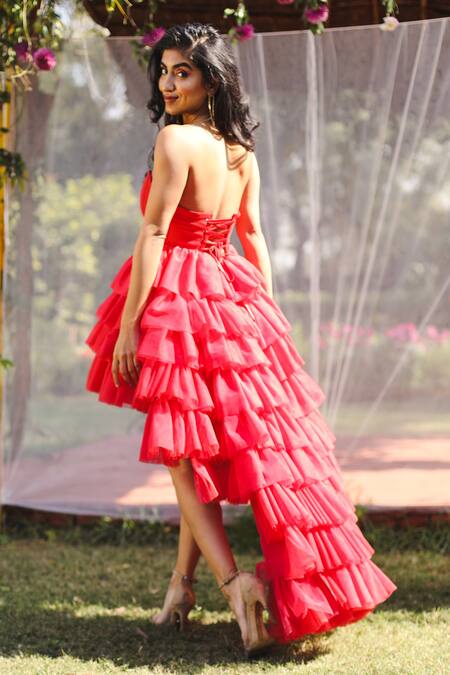SAANJH BY LEA_Red Satin, Tulle Sweetheart Neck Isabelle High-low Ruffle Corset Gown_Online_at_Aza_Fashions