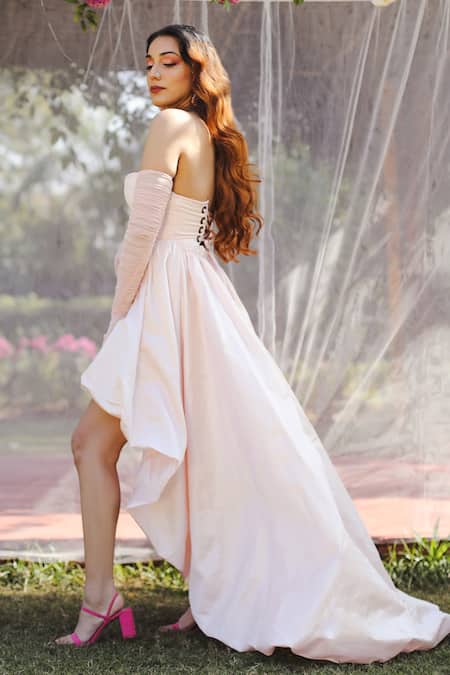 SAANJH BY LEA_Pink Jacquard Sweetheart Neck Lurex Corset High Low Gown_Online_at_Aza_Fashions