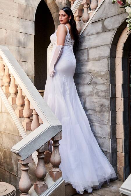 Shop SAANJH BY LEA White Chiffon, Tulle, Polyester Pearls Cecilia Embroidered Corset Gown at Aza Fashions Shop_SAANJH BY LEA_White Chiffon, Tulle, Polyester Pearls Cecilia Embroidered Corset Gown_at_Aza_Fashions