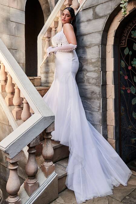 Buy SAANJH BY LEA White Chiffon, Tulle, Polyester Pearls Cecilia Embroidered Corset Gown Online at Aza Fashions Buy_SAANJH BY LEA_White Chiffon, Tulle, Polyester Pearls Cecilia Embroidered Corset Gown_Online_at_Aza_Fashions