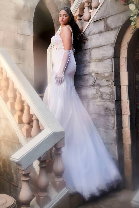SAANJH BY LEA White Chiffon, Tulle, Polyester Pearls Cecilia Embroidered Corset Gown at Aza Fashions SAANJH BY LEA_White Chiffon, Tulle, Polyester Pearls Cecilia Embroidered Corset Gown_at_Aza_Fashions