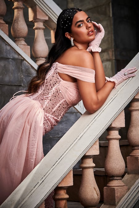 SAANJH BY LEA_Pink Tulle, Polyester Sequins Off-shoulder Portia Embroidered Corset Gown_Online_at_Aza_Fashions