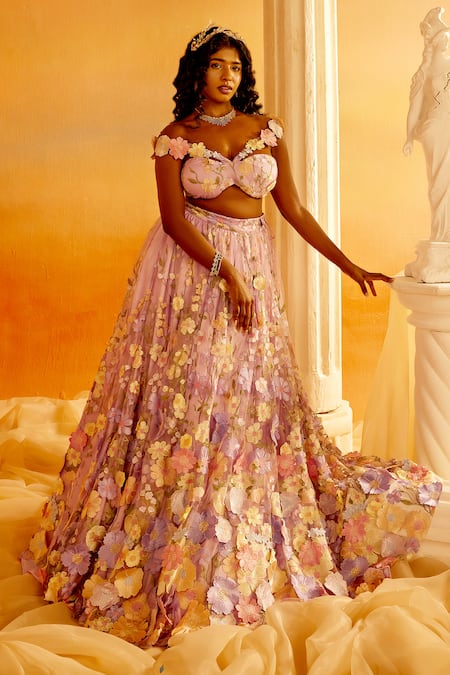 SAANJH BY LEA_Purple Satin, Polyester, Net Embroidery V-neck Sayeda 3d Floral Lehenga Set _Online_at_Aza_Fashions