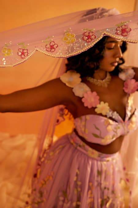 Buy_SAANJH BY LEA_Purple Satin, Polyester, Net Embroidery V-neck Sayeda 3d Floral Lehenga Set _Online_at_Aza_Fashions