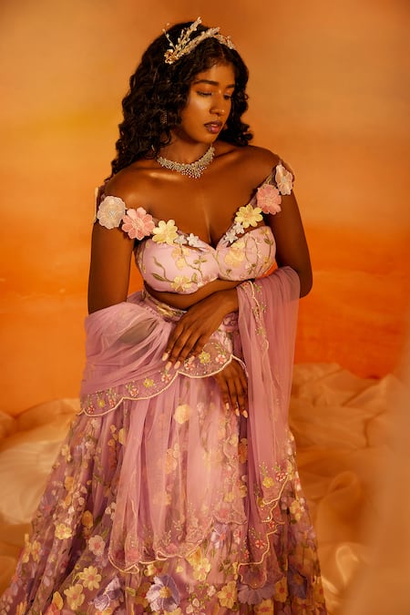 Shop_SAANJH BY LEA_Purple Satin, Polyester, Net Embroidery V-neck Sayeda 3d Floral Lehenga Set _Online_at_Aza_Fashions