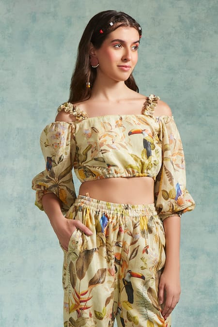 Radhika & Raghav_Yellow Cotton Pearls Open Neck Floral Print Crop Top Jogger Set_Online_at_Aza_Fashions