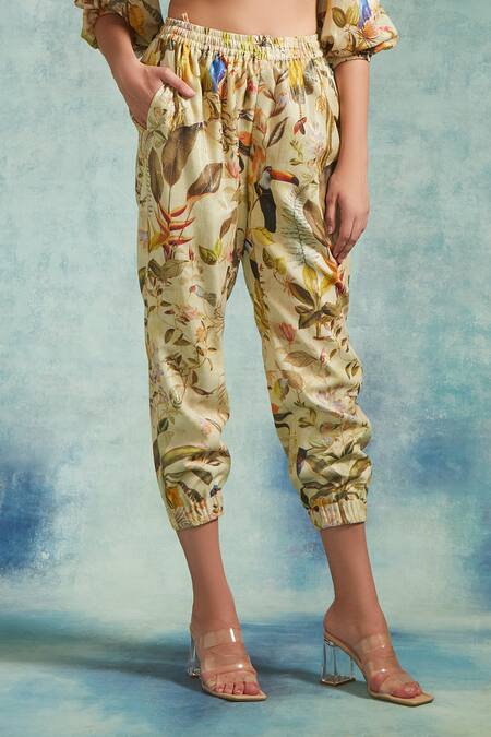 Buy_Radhika & Raghav_Yellow Cotton Pearls Open Neck Floral Print Crop Top Jogger Set_Online_at_Aza_Fashions