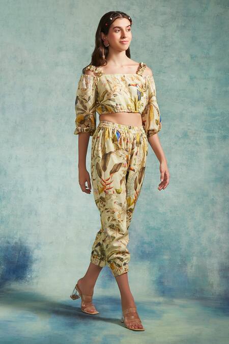 Shop_Radhika & Raghav_Yellow Cotton Pearls Open Neck Floral Print Crop Top Jogger Set_Online_at_Aza_Fashions