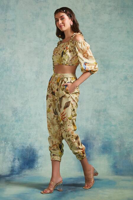 Buy_Radhika & Raghav_Yellow Cotton Pearls Open Neck Floral Print Crop Top Jogger Set