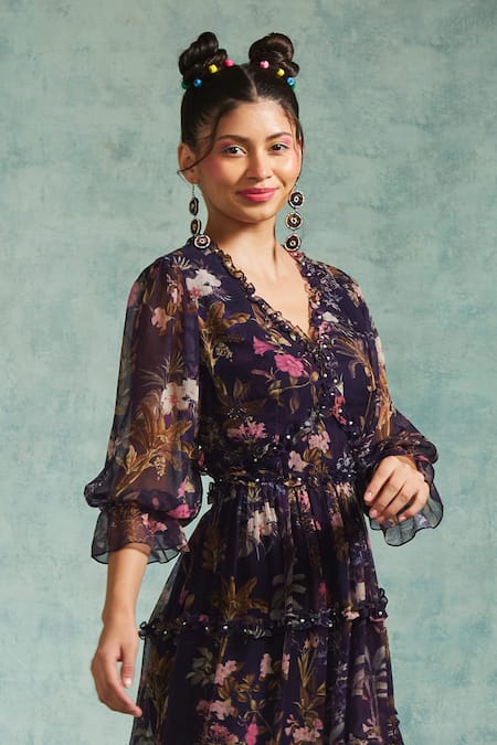 Radhika & Raghav_Purple Chiffon Pearls V-neck Ruffle Tiered Printed Dress_Online_at_Aza_Fashions