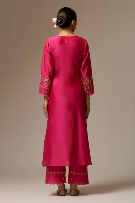Shop_Anantaa By Roohi_Fuchsia Silk, Chanderi Embroidery, Beads Round Neck Kurta Pant Set _at_Aza_Fashions