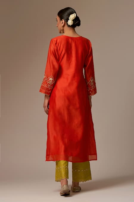 Shop Anantaa By Roohi Orange Silk, Chanderi Embroidery, Beads Round Neck Floral Kurta Set at Aza Fashions Shop_Anantaa By Roohi_Orange Silk, Chanderi Embroidery, Beads Round Neck Floral Kurta Set _at_Aza_Fashions