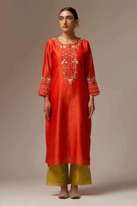 Anantaa By Roohi Orange Silk, Chanderi Embroidery, Beads Round Neck Floral Kurta Set Online at Aza Fashions Anantaa By Roohi_Orange Silk, Chanderi Embroidery, Beads Round Neck Floral Kurta Set _Online_at_Aza_Fashions