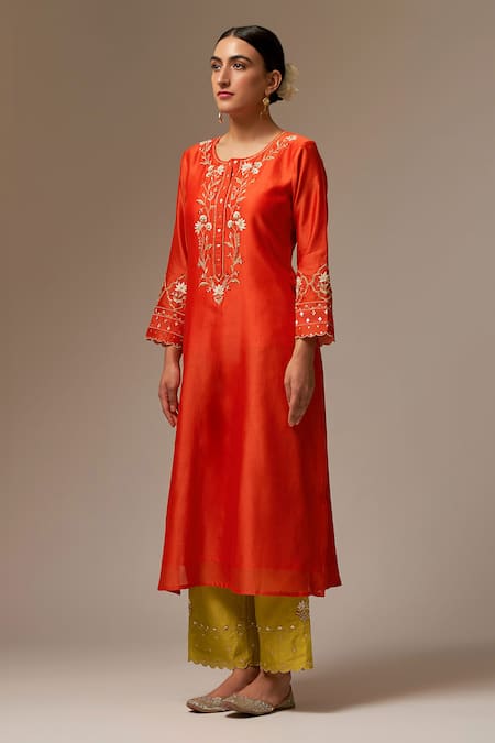 Buy Anantaa By Roohi Orange Silk, Chanderi Embroidery, Beads Round Neck Floral Kurta Set Online at Aza Fashions Buy_Anantaa By Roohi_Orange Silk, Chanderi Embroidery, Beads Round Neck Floral Kurta Set _Online_at_Aza_Fashions
