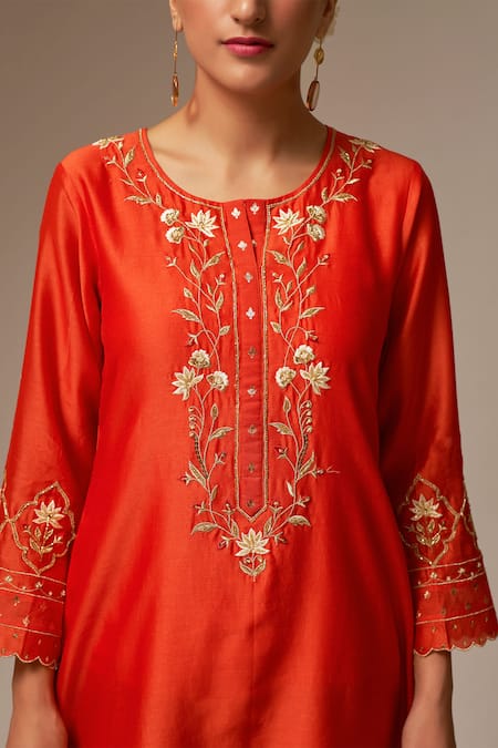 Shop Anantaa By Roohi Orange Silk, Chanderi Embroidery, Beads Round Neck Floral Kurta Set Online at Aza Fashions Shop_Anantaa By Roohi_Orange Silk, Chanderi Embroidery, Beads Round Neck Floral Kurta Set _Online_at_Aza_Fashions