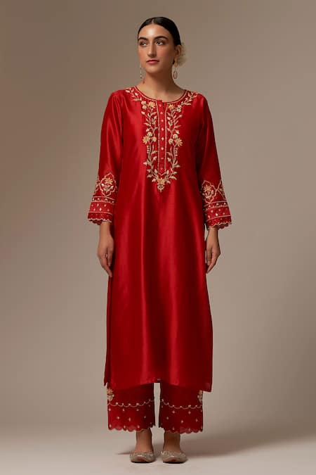 Anantaa By Roohi Red Silk, Chanderi Embroidery, Tassels, Beads Round Hand Work Kurta Pant Set Online at Aza Fashions Anantaa By Roohi_Red Silk, Chanderi Embroidery, Tassels, Beads Round Hand Work Kurta Pant Set _Online_at_Aza_Fashions
