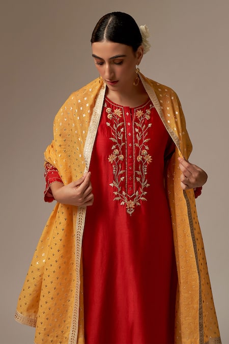 Shop Anantaa By Roohi Red Silk, Chanderi Embroidery, Tassels, Beads Round Hand Work Kurta Pant Set Online at Aza Fashions Shop_Anantaa By Roohi_Red Silk, Chanderi Embroidery, Tassels, Beads Round Hand Work Kurta Pant Set _Online_at_Aza_Fashions