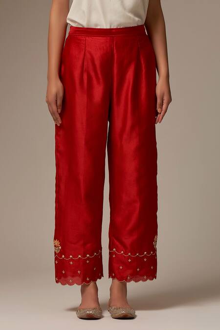 Anantaa By Roohi Red Silk, Chanderi Embroidery, Tassels, Beads Round Hand Work Kurta Pant Set at Aza Fashions Anantaa By Roohi_Red Silk, Chanderi Embroidery, Tassels, Beads Round Hand Work Kurta Pant Set _at_Aza_Fashions