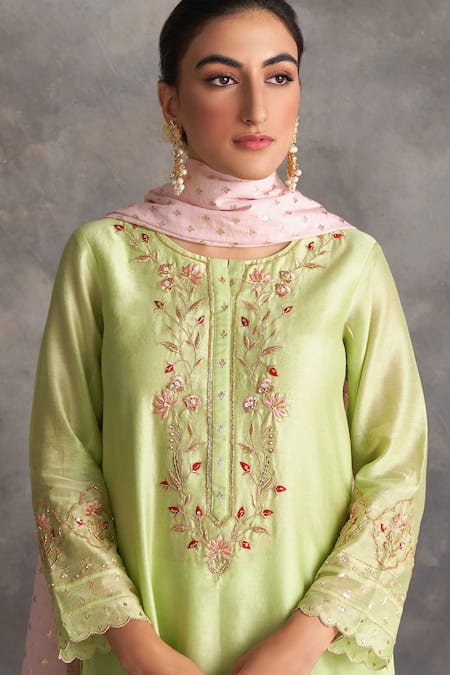 Shop_Anantaa By Roohi_Green Silk, Chanderi Embroidery, Tassels, Beads Round Neck Kurta Pant Set _Online_at_Aza_Fashions