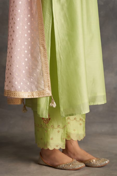 Anantaa By Roohi_Green Silk, Chanderi Embroidery, Tassels, Beads Round Neck Kurta Pant Set _at_Aza_Fashions