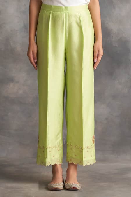Buy_Anantaa By Roohi_Green Silk, Chanderi Embroidery, Tassels, Beads Round Neck Kurta Pant Set 