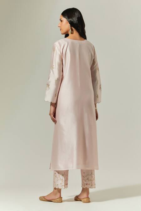 Shop Anantaa By Roohi Pink Silk, Chanderi Embroidery Round Neck Kurta Palazzo Set at Aza Fashions Shop_Anantaa By Roohi_Pink Silk, Chanderi Embroidery Round Neck Kurta Palazzo Set _at_Aza_Fashions